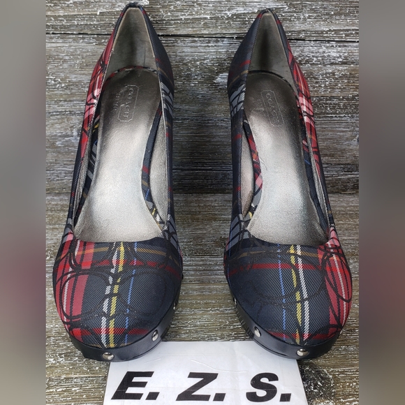 Coach Heels Carli F2370 Multicolor Red Blue Silver Button Women Size 7.5 B - Picture 3 of 11